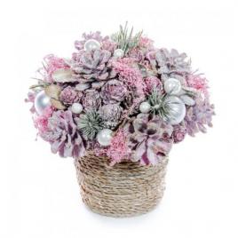 Decoratiune craciun, cos cu flori si con de brad, roz, 17.5x19 cm