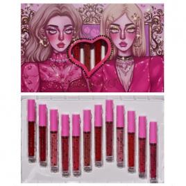 Set 12 lip gloss kevin&coco, nuante de rosu, rose, nude, cutie dreptunghiulara, 26.5x16.5x2.2 cm, 200 g, multicolor