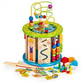 Cub educational din lemn cu jocuri, blocuri si pescuit ecotoys