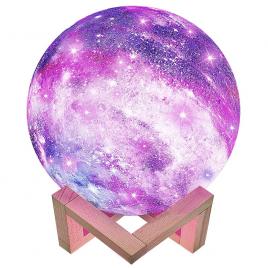 Lampa de veghe cu telecomanda  in forma de luna cu stele 3d moon light 7 culori, alimentare baterii, stand din lemn inclus, 15 cm, flippy