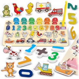 Tabla educativa din lemn cu cifre, animale si vehicule ricokids 781400