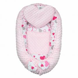 Set 3 piese luxury, baby nest cu doua fete, cu paturica si pernuta in forma de inima, new baby, minky hearts pink