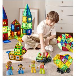 Set de Constructie Magnetic Tiles 3D, jucarii educationale, Elemente Magnetice, diferite variante de asamblare, Cadou baieti si fete, 60 Piese, Multicolor, 3 ani