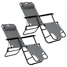 Set 2 sezlonguri pliabile cu tetiera si suport pentru picioare, cadru metalic
