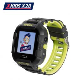 Ceas smartwatch pentru copii xkids x20 cu functie telefon, localizare gps, apel monitorizare, camera, pedometru, sos, ip54, incarcare magnetica, negru – verde lamaie, cartela sim cadou, meniu engleza