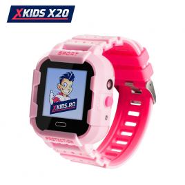Ceas smartwatch pentru copii xkids x20 cu functie telefon, localizare gps, apel monitorizare, camera, pedometru, sos, ip54, incarcare magnetica, roz, cartela sim cadou, meniu engleza
