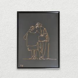 Bunicii, tablou din fir continuu de sarma placata cu aur, 22×31 cm