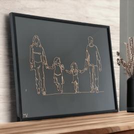 Happy family, tablou din fir continuu de sarma placata cu aur, 31×41 cm