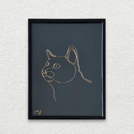Pisicut, tablou din fir continuu de sarma placata cu aur, 16×21 cm