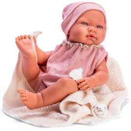 Papusa bebelus maria cu costumas roz si paturica bej 43 cm