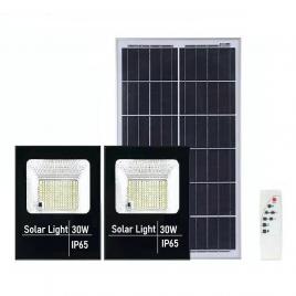 Set 2 proiectoare led smd 30w cu incarcare solara flippy, panou solar, cu telecomanda, suport prindere, material abs, 1.2ah, 200led-uri, 13x13.5 cm, negru
