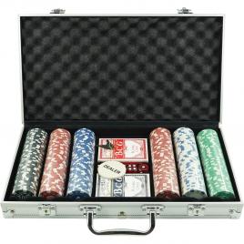 Set de poker complex cu 300 de jetoane flippy, include 2 seturi de carti, 5 zaruri, echipat cu servieta de aluminiu cu dimensiunile 39x7x27 cm