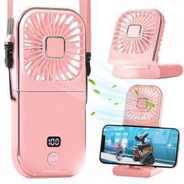 Ventilator portabil flippy, 3 in 1, de mana, de gat, de birou, 16.7 x 8 x 1.9 cm, 3 trepte de viteza, incarcare usb, pliabil, afisaj digital, suport telefon, roz