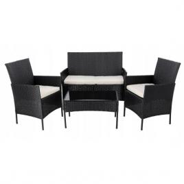 Set mobilier gradina/terasa, poliratan, negru cu perne bej, 1 masa, 2 fotolii, 1 canapea, medi