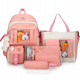 Set 4-in-1 pentru scolari sau prescolari - (rucsac, geanta de umar, plic elegant, penar), culoare roz cu iepuras