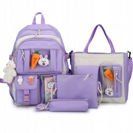 Set 4-in-1 pentru scolari sau prescolari - (rucsac, geanta de umar, plic elegant, penar), culoare violet cu iepuras