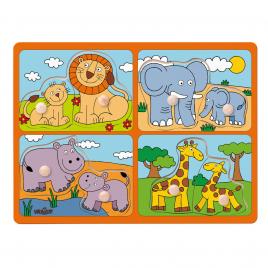 Puzzle din lemn cu butoni - animale salbatice si puii lor