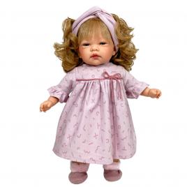 Papusa nines d'onil, celia, cu parul blond, cu rochie roz, cu miros de vanilie,