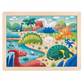 Puzzle din lemn 2 in 1 - dinozauri (26 piese), cu fata dubla si activitate