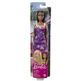 Barbie papusa clasica bruneta cu rochita mov cu imprimeu cu fluturi