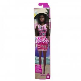 Barbie papusa clasica bruneta cu rochita roz cu imprimeu barbie