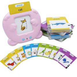 Jucarie montessori pentru copii, set invatare cuvinte limba engleza cu cititor de carduri flash, 224 de cuvinte, microusb, roz