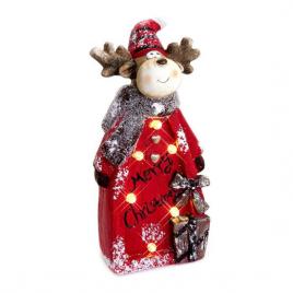 Decoratiune craciun, ceramica, ren in camasa rosie, merry christmas, led, 3xaaa, 19x10x42 cm, chomik