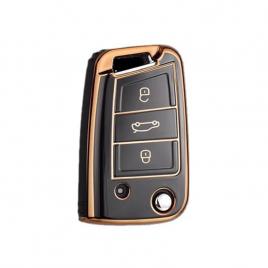 Husa cheie auto briceag vw golf 7 tpu negru cu contur auriu