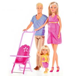 Set simba papusi steffi love happy family cu 3 papusi, carucior si accesorii