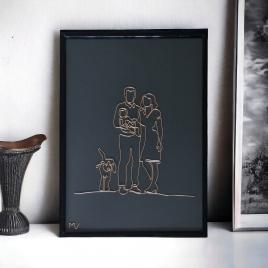 Tablou familie cu bebelus si catel, din fir continuu de sarma placata cu aur, 22×31 cm