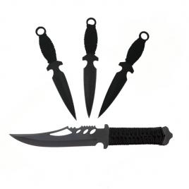 Set cutit de vanatoare si trei cutite de aruncat, black fury,ideallstore®, otel inoxidabil,teaca inclusa
