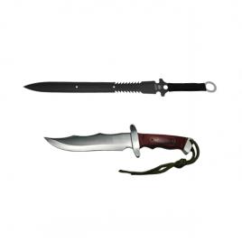 Set sabie si cutit de vanatoare, ideallstore®, steel wolf, otel inoxidabil, 31 cm, argintiu