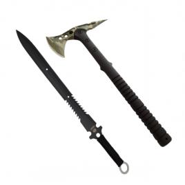 Set topor si sabie de vanatoare, ideallstore®, otel inoxidabil, 40 cm, teaca inclusa