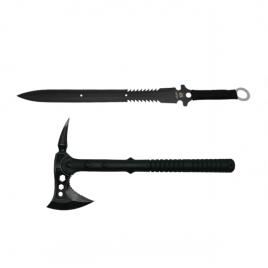 Set topor si sabie de vanatoare, ideallstore®, otel inoxidabil, negru, 39 cm
