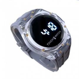 Ceas gri electronic cu led alb in forma rotunda, touch, baterie inclusa