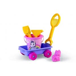 Carucior unicorn cu unelte pentru apa si nisip si galetusa incluse