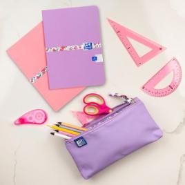 Penar oxford 2 zip floral pastel, tip etui dublu, 2 fermoare, culoare lila