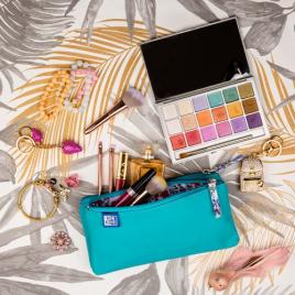 Penar oxford 2 zip floral pastel, tip etui dublu, 2 fermoare, culoare turcoaz