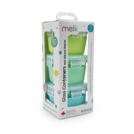 Set 3 recipiente sticla 3 160ml cu husa antiderapanta silicon melii blue mint