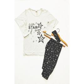 Pijama dama  cu imprimeu Stars  Enjoi, masca de dormit, 90% bumbac, culoare gri deschis Marimea XL