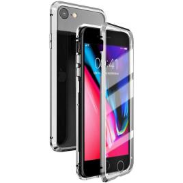 Husa metalica pentru Apple iPhone 8 Total Protect GloMax Argintiu spate din sticla securizata premium + folie de sticla pentru ecran