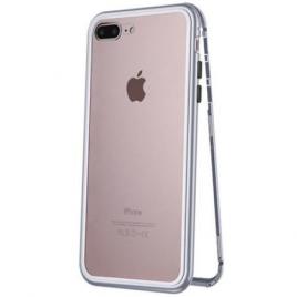 Husa pentru Apple iPhone 7 Plus GloMax Perfect Fit Magnetica  360grade Argintiu cu spate de sticla securizata premium si folie de sticla pentru ecran