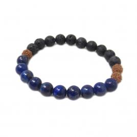 Bratara cu pietre Rudraksha si pietre Lava negru/albastru 18 cm