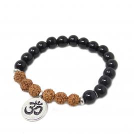 Bratara cu pietre Rudraksha si semnul OHM negru/maro 17 cm