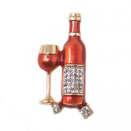 Brosa de dama model sticla si pahar cu cristale auriu/rosu 4 x 2 cm