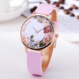Ceas de dama model imprimeu floral mecanism quartz culoare roz/alb 39mm