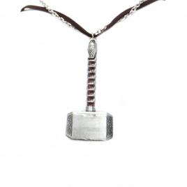 Pandant Ciocanul lui Thor Mjolnir argintiu 74 cm din inox si snur suede