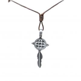 Pandant indian Dream Catcher gri 6 cm din otel si snur corean