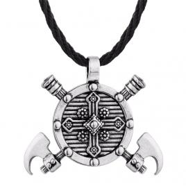 Pandantiv de viking model scut si topoare culoare argintiu/negru 4 x 3.5 cm