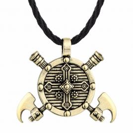 Pandantiv de viking model scut si topoare culoare auriu/negru 4 x 3.5 cm